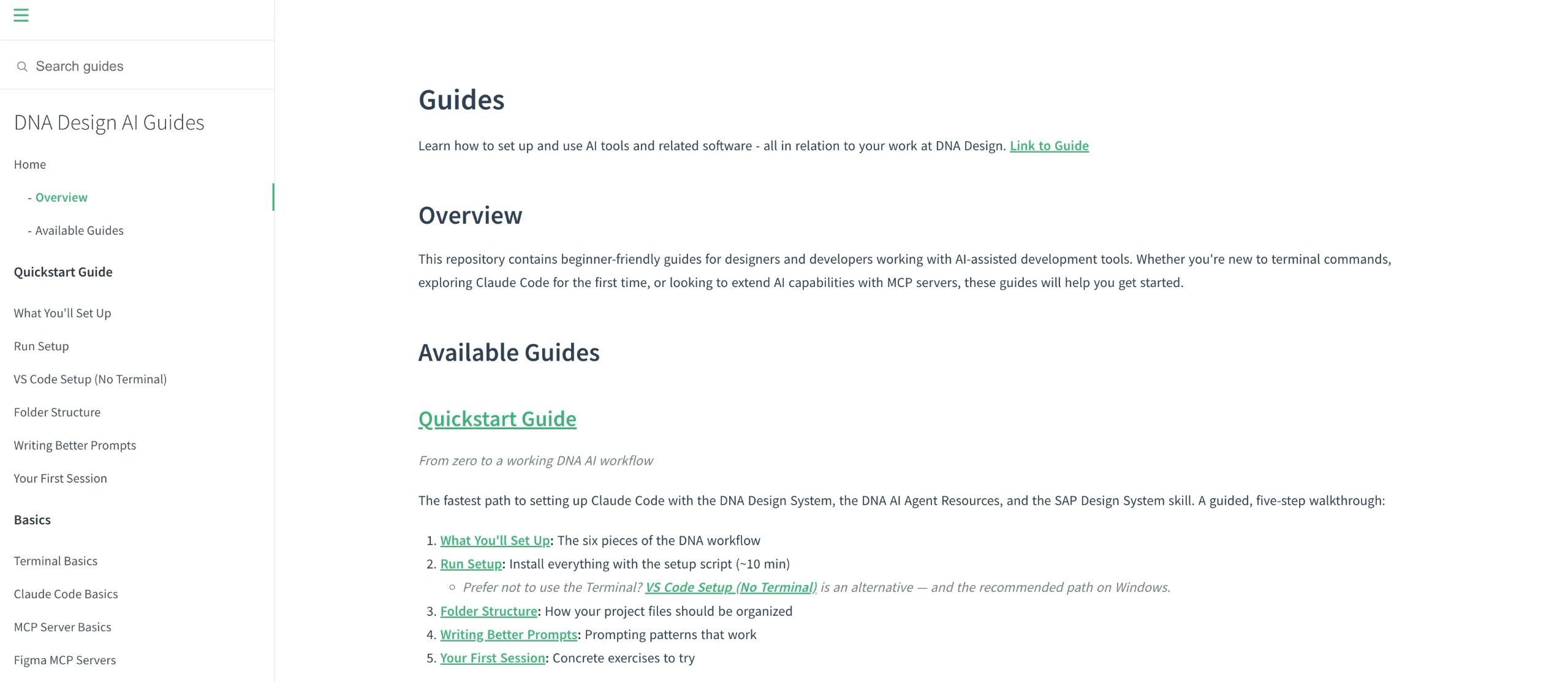 The DNA Design AI Guides site, showing the five-step Quickstart Guide